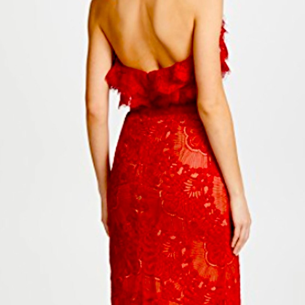 Marchesa Red Sleeveless Double Ruffle Lace Gown - Picture 2 of 6